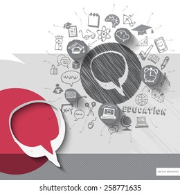 Paper and hand drawn speech bubble emblem with icons background. Vector illustration
