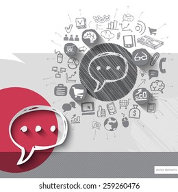 Paper and hand drawn speech bubble emblem with icons background. Vector illustration