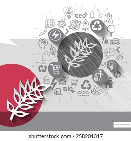 Paper and hand drawn sprout emblem with icons background. Vector illustration