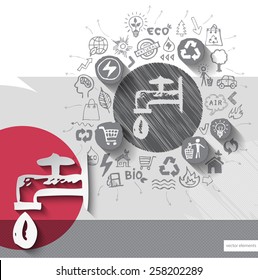 Paper and hand drawn tap emblem with icons background. Vector illustration