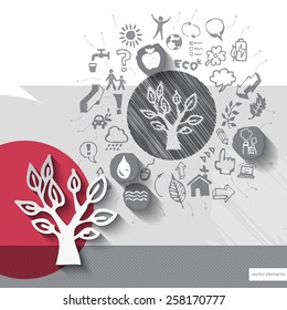 Paper and hand drawn tree emblem with icons background. Vector illustration