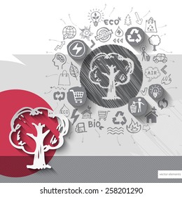 Paper and hand drawn tree emblem with icons background. Vector illustration