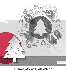 Paper and hand drawn tree emblem with icons background. Vector illustration