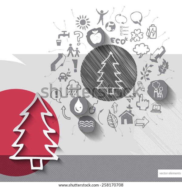 Paper and hand drawn tree emblem with icons\
background. Vector\
illustration