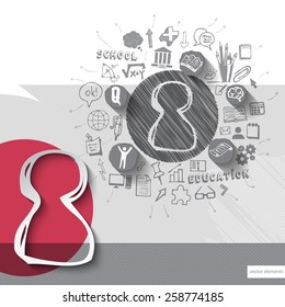 Paper and hand drawn user emblem with icons background. Vector illustration