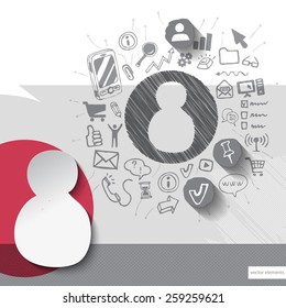 Paper and hand drawn user emblem with icons background. Vector illustration