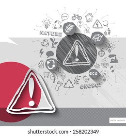 Paper and hand drawn warning emblem with icons background. Vector illustration