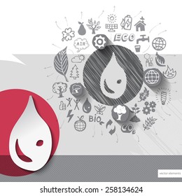 Paper and hand drawn water drop emblem with icons background. Vector illustration