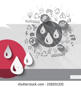 Paper and hand drawn water drops emblem with icons background. Vector illustration