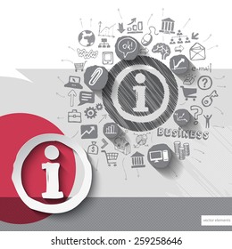 Paper and hand drawn web emblem with icons background. Vector illustration
