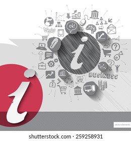 Paper and hand drawn web emblem with icons background. Vector illustration