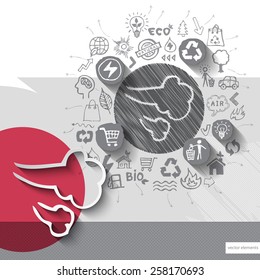 Paper and hand drawn wind emblem with icons background. Vector illustration