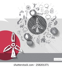 Paper and hand drawn windmill emblem with icons background. Vector illustration