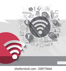 Paper and hand drawn wireless emblem with icons background. Vector illustration