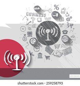 Paper and hand drawn wireless emblem with icons background. Vector illustration