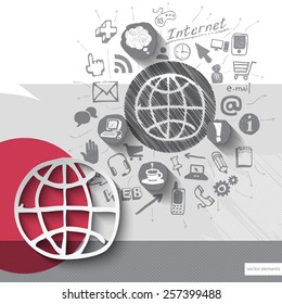Paper and hand drawn world emblem with icons background. Vector illustration