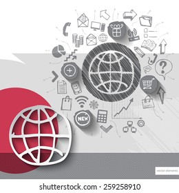Paper and hand drawn world emblem with icons background. Vector illustration
