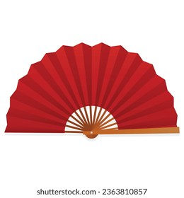 Paper hand fan red folded Asian traditional accessory with bamboo handle vector flat illustration. Oriental beautiful craft decoration fashion souvenir Japanese culture air cooling wind vintage blower