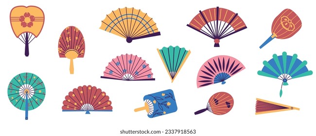 Paper hand fans. Traditional oriental folding fans, hand wind accessories flat style different color. Vector chinese japanese asian fans set of paper chinese traditional fan illustration