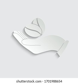 Paper hand holding coffee icon. coffee bean - vector sign
