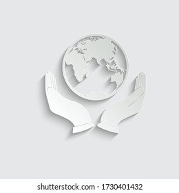 Paper Hand Holding Globe Earth - Black Vector Icon. Care Of Planet Icon