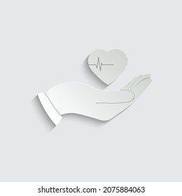 paper hand holding Heart Pulse Beat  - vector icon