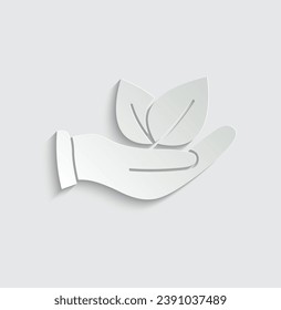 paper hand holds leaves  - black vector icon eco icon protection care  nature organic sign 