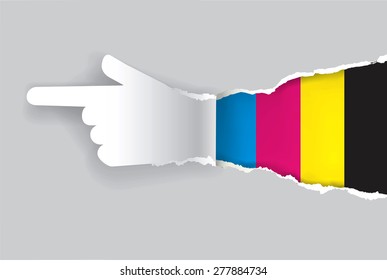Paper Hand showing direction with print colors.
Paper hand ripping paper with print colors. Concept for presenting of color printing. Vector illustration.
