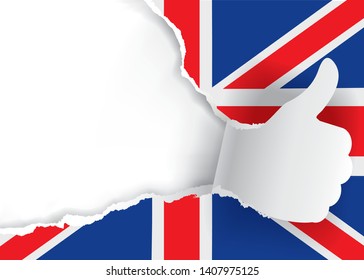 
Paper hand with thumb up and british flag. 
Paper silhouette Gesturing thumbs up on the ripping paper background with british flag.Place for your text or image. Vector illustration