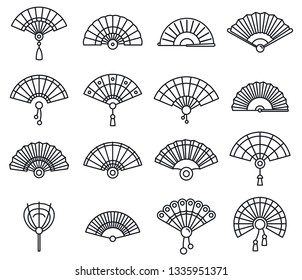 Paper handheld fan icons set. Outline set of paper handheld fan vector icons for web design isolated on white background