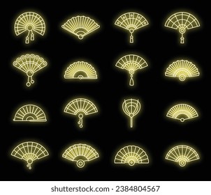 Paper handheld fan icons set. Outline set of paper handheld fan vector icons neon color on black