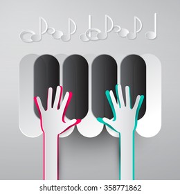 Paper Hands Playing Piano Keyboards with Notes Vector Illustration