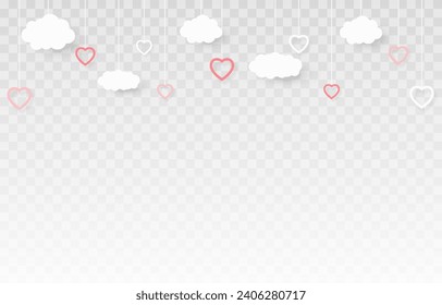 Paper hanging hearts png. Paper confetti in the shape of a heart for Valentine's Day. Garland with paper hearts and clouds png. Mothers Day. March 8.