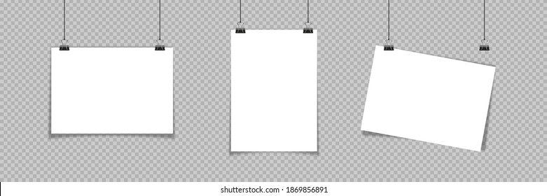 Papel colgado. Maqueta de forma en blanco A4, afiche en clip. Ilustración vectorial con sombra sobre fondo transparente
