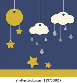 Paper Hanging Rain Cloud & Moon Mobile Vector Flat Design