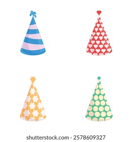 Paper hat icons set cartoon vector. Holiday celebration paper cone. Festive accessory