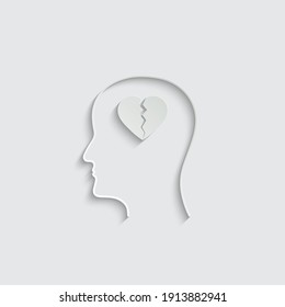 Cabeza de papel con ícono de corazón roto. vector de signo de amor