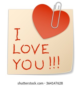 Paper heart attached to the sticker with text I love you using the clip.