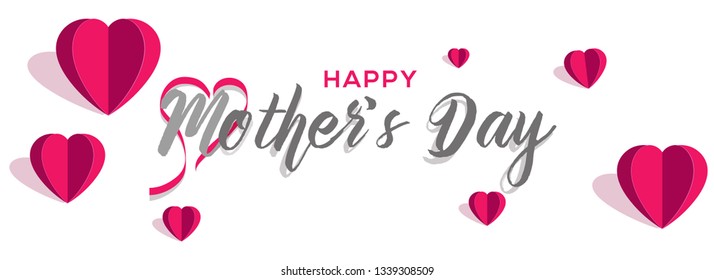 Paper heart balloons with stylish text of Mother's Day on white background. elegant header banner or poster design for Happy Mother's Day celebration.