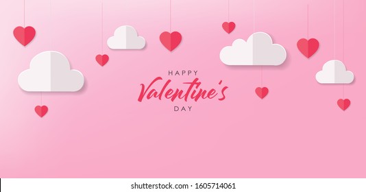 Paper heart and cloud, paper banner, party card, happy valentine's day, love card, pi nk background, happy birthday celebration background vector illustration