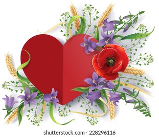 Paper heart decorated with bouquet of wild flowers, bluebells, ears and poppy.
