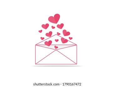 Paper heart flying out letter.Valentine's day.Pink origami heart.