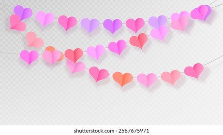 Paper heart garland in pink, purple and red colors on string with soft shadow effect. Romantic decorative elements arranged in curved lines for Valentine celebration or romantic party design.