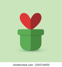 Paper heart growing on vase Green vase , love art, valentine vector illustration