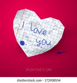 Paper heart with handwritten message on pink backdrop with shadow. Vector Illustration. Ink drop. School theme, First love. Romantic background for Valentines day.