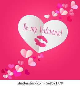 paper heart with lipstick kiss print on dark pink background. be my valentine. vector illustration. greeting's Valentine's day card
