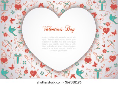 Paper heart on a pattern of ornamental symbols red for valentines day