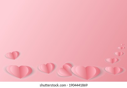 Paper heart on pink background, paper elements in shape of heart flying on pink background. Vector symbols of love for Happy Women's, Valentine's Day. Color of love.