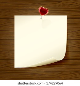 Paper and heart on wooden background, illustration.