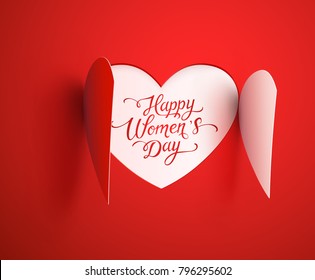 Paper heart opening effect with lettering Happy Women's Day on red background. Vector symbol of love for 8 March holiday greeting card design.